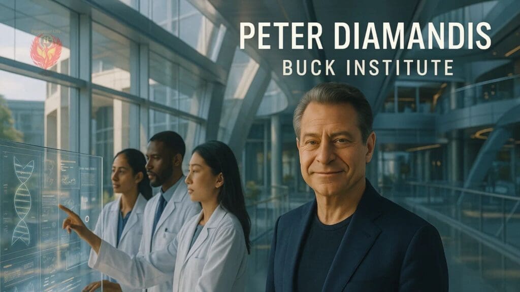 Peter Diamandis standing with scientists at the Buck Institute, with futuristic lab architecture and digital health technology displays in the background, promoting the Longevity Conference 2025.