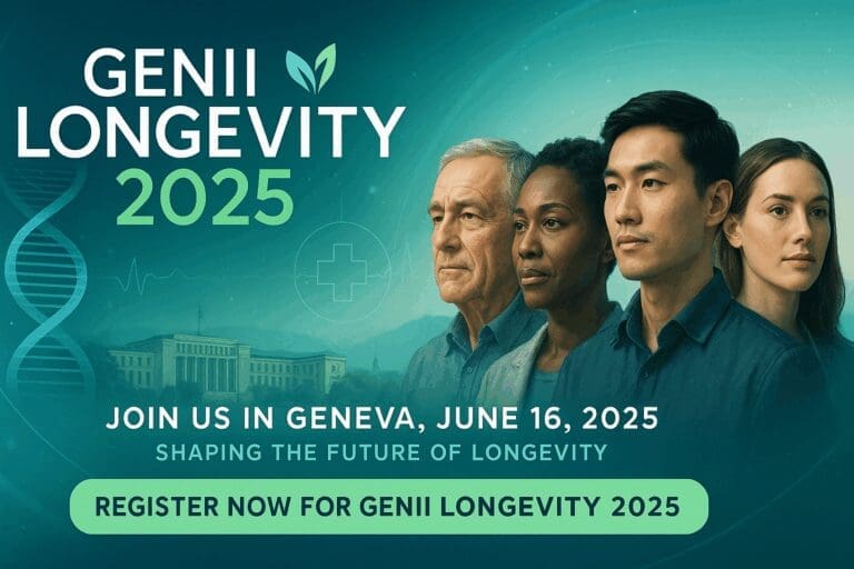 Event banner for Genii Longevity 2025, showcasing the future of aging science, healthspan optimization, and longevity innovations in Geneva.
