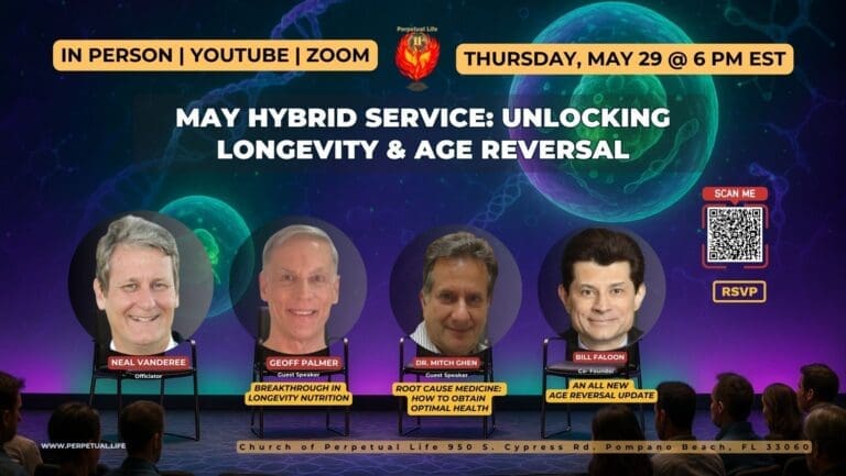 Futuristic stage with glowing cellular backdrop and four modern chairs for scientific panel on longevity and age reversal, viewed by engaged audience in a hybrid service setting.